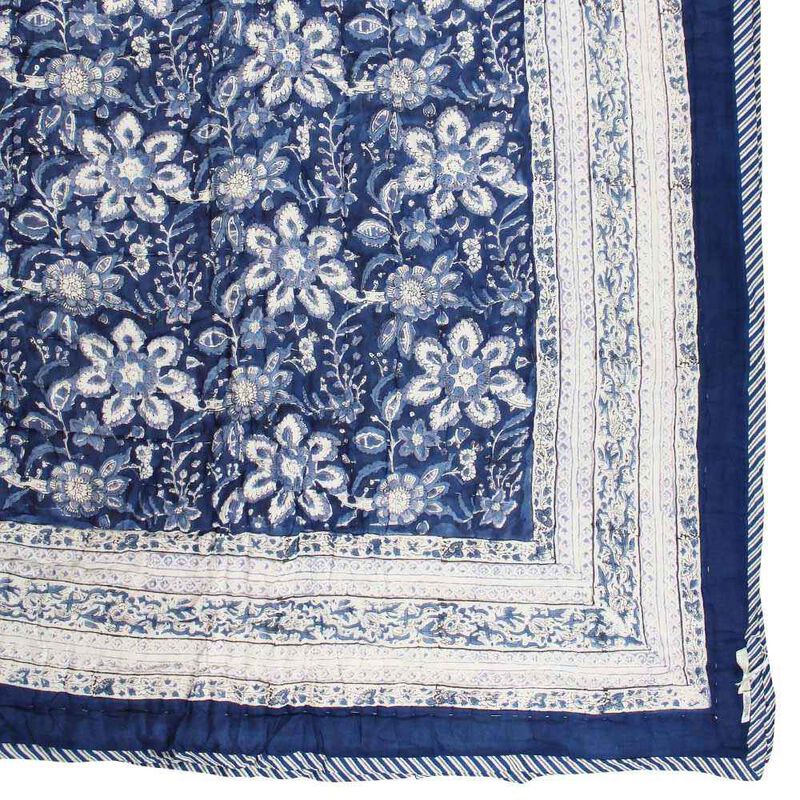 Powell Craft Queen Quilt Royal Blue & White Floral 265x220cm image number 2